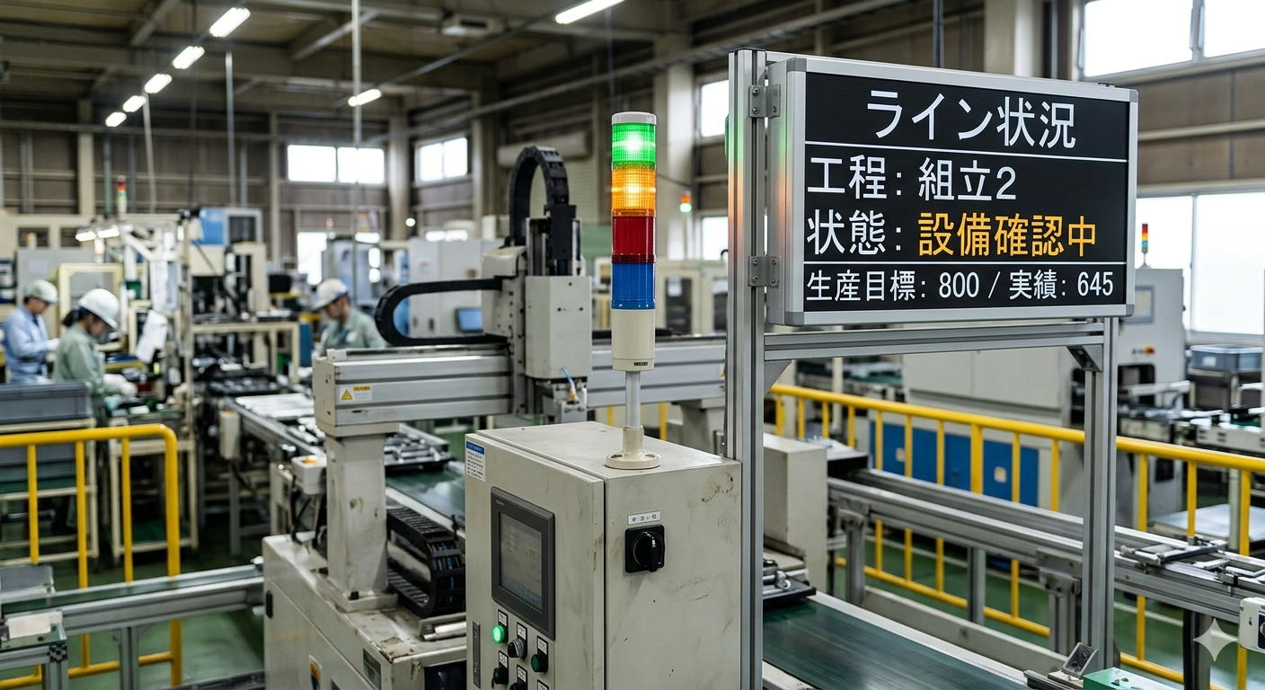 中小工場の生産ラインに設置されたアンドン（行灯）とパトライトの稼働表示イメージ（製造ラボ）
