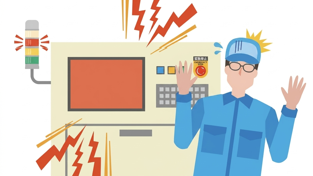機械が故障して焦っている工場の従業員のイラスト