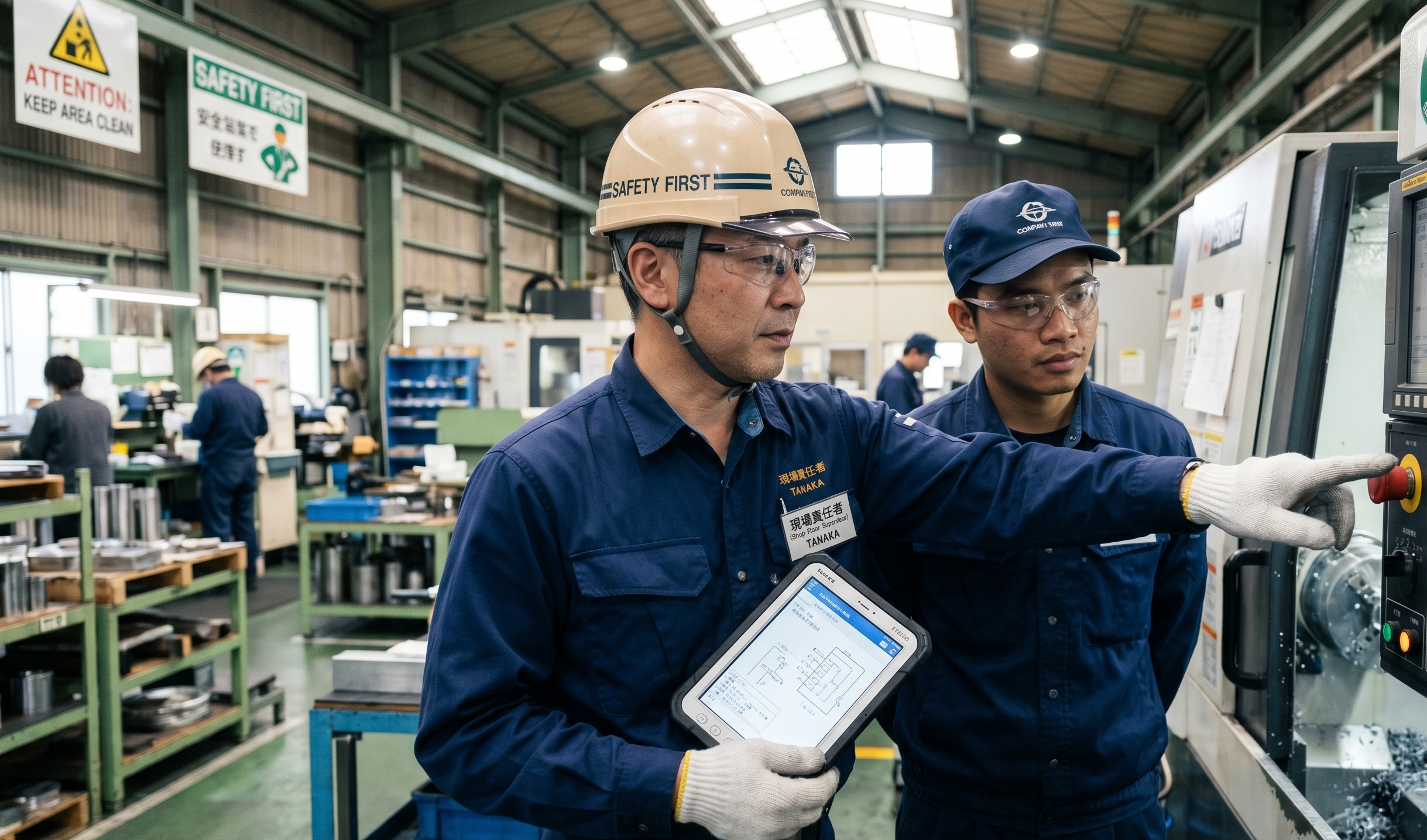 製造現場で外国人スタッフに作業を教える日本人管理者のイメージ