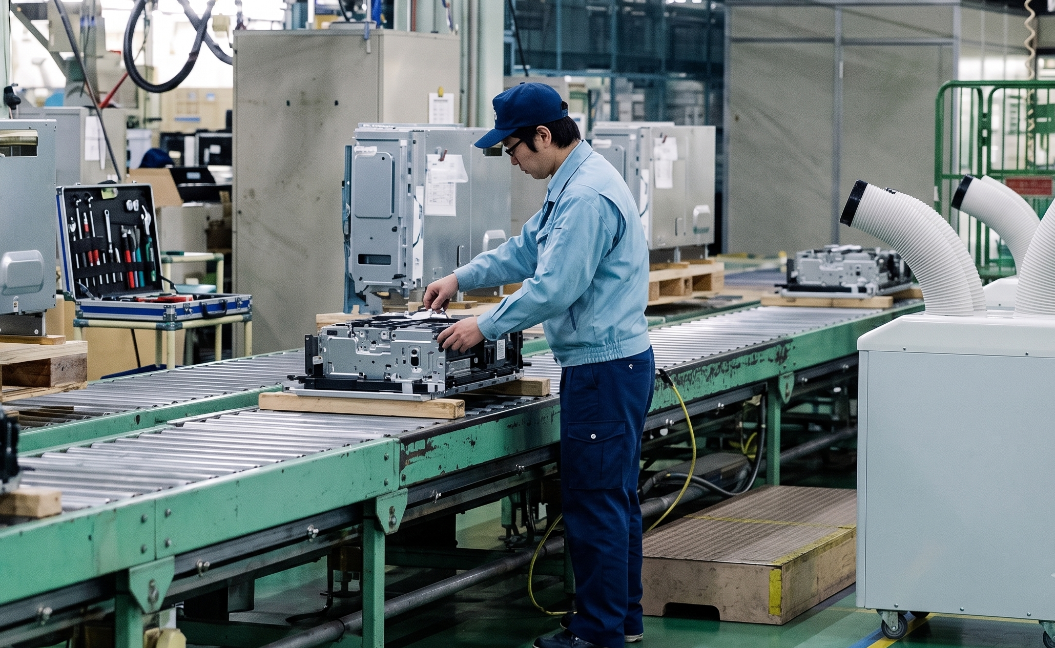 工場の暑さ対策でスポットクーラーを利用する作業員